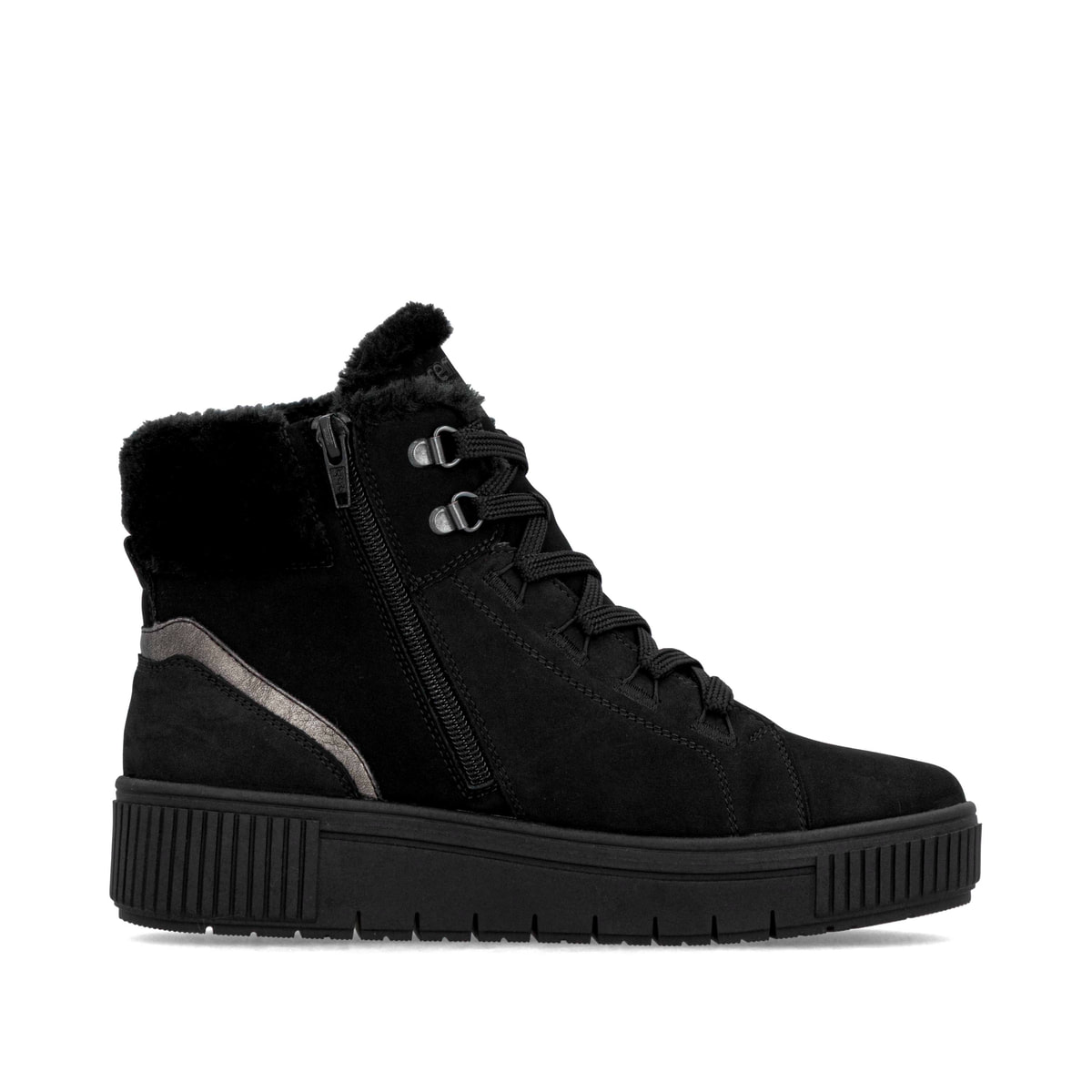 Schwarze remonte Damen Kurzstiefel D3B72-03 mit wasserabweisender TEX-Membran. Schuh Innenseite.