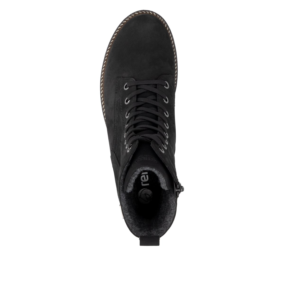 Schwarze remonte Damen Schnürstiefel D8489-02 mit wasserabweisender TEX-Membran. Schuh von oben.