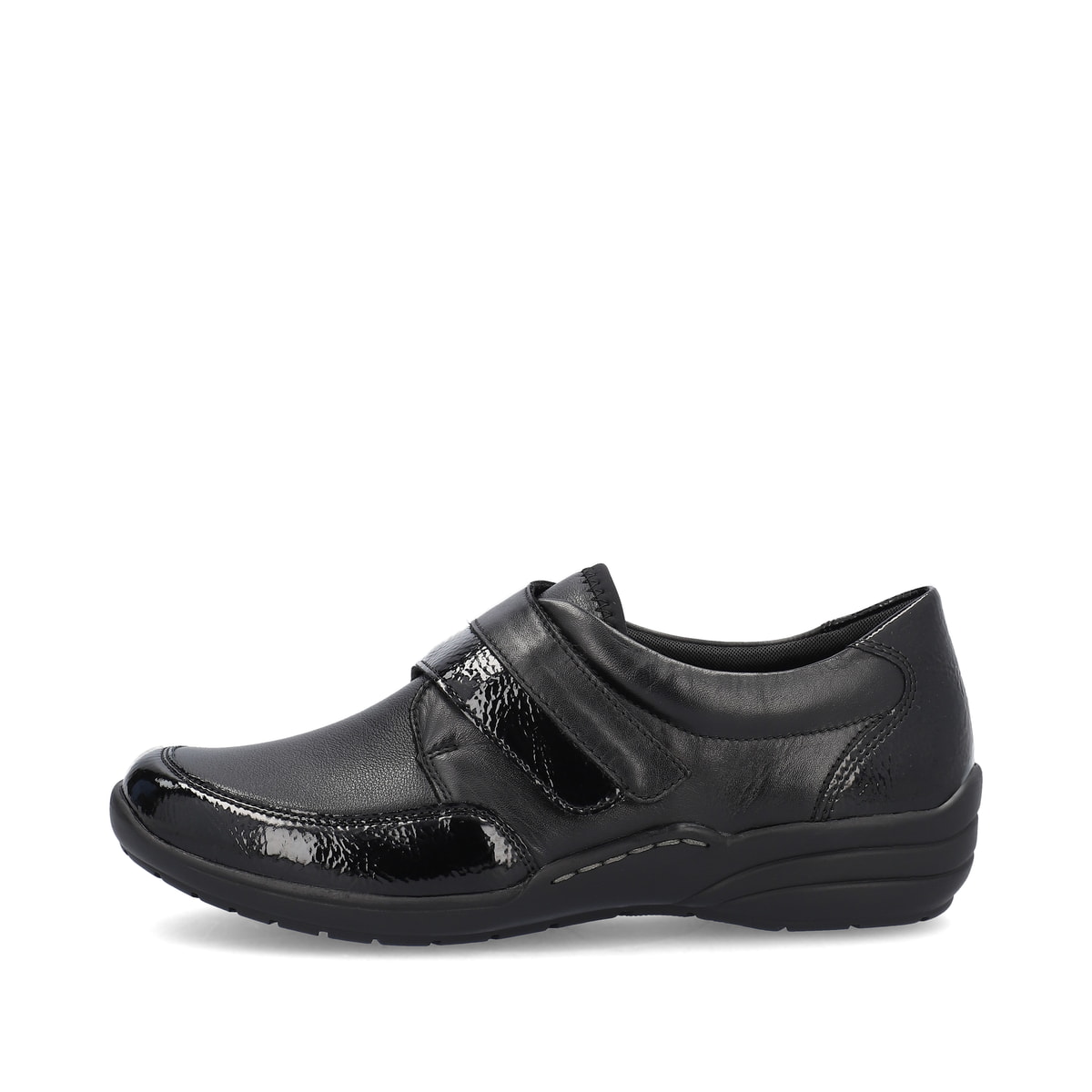 Mocassins remonte noirs pour femme R7600-04 avec fermeture velcro. Côté extérieur de la chaussure.