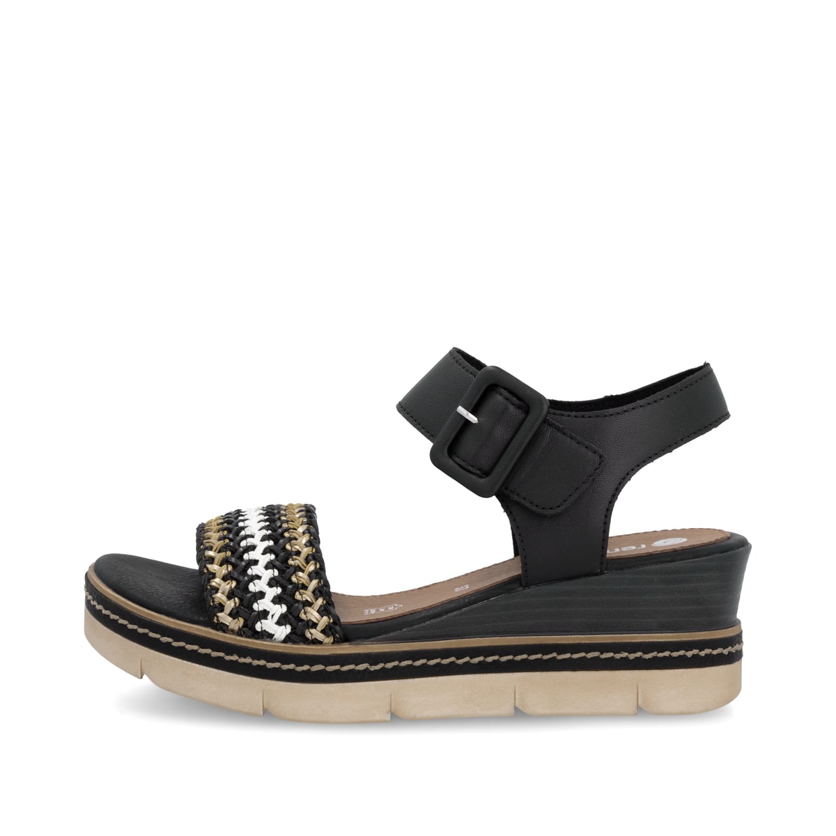 Schwarze remonte Keilsandaletten D2L55-03 mit einem Klettverschluss. Schuh Außenseite.