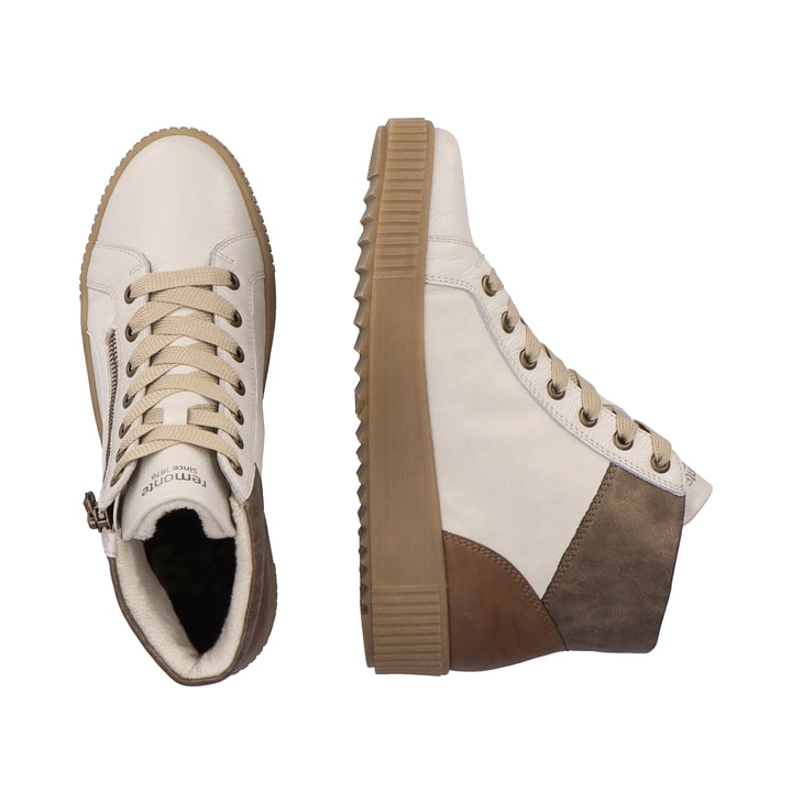 Sternenweiße remonte Damen Schnürstiefel R7997-80 mit Schnürung und Reißverschluss. Schuhpaar von oben.