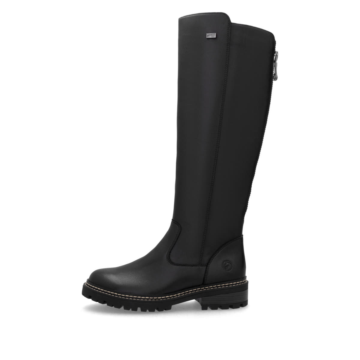 Schwarze remonte Hochschaftstiefel D0B72-01 mit wasserabweisender TEX-Membran. Schuh Außenseite.