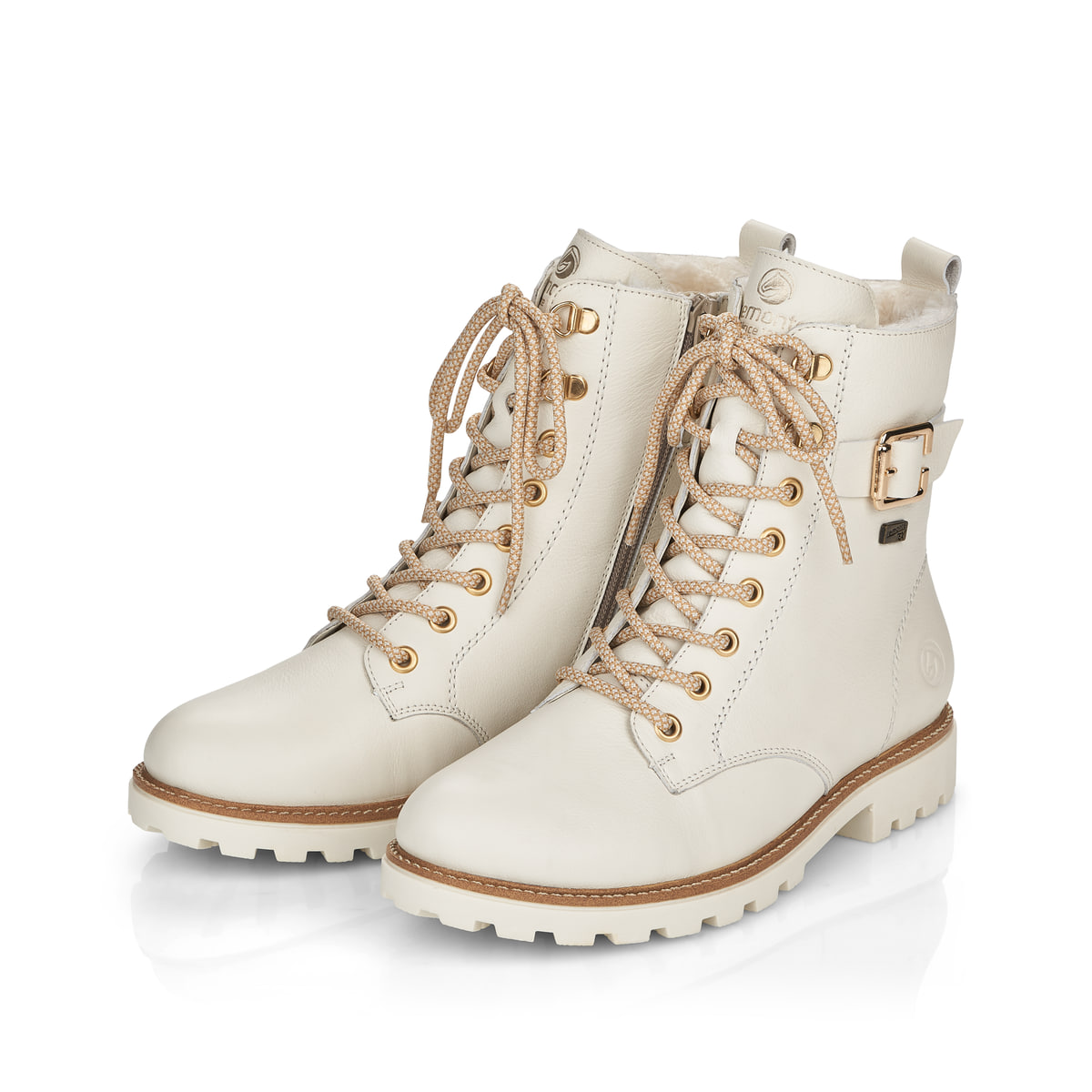 Weiße remonte Damen Schnürstiefel D8475-80 mit wasserabweisender TEX-Membran. Schuhpaar seitlich schräg.