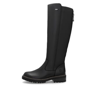 
Asphaltschwarze remonte Damen Hochschaftstiefel D0B72-01 mit einer Profilsohle. Schuh Außenseite