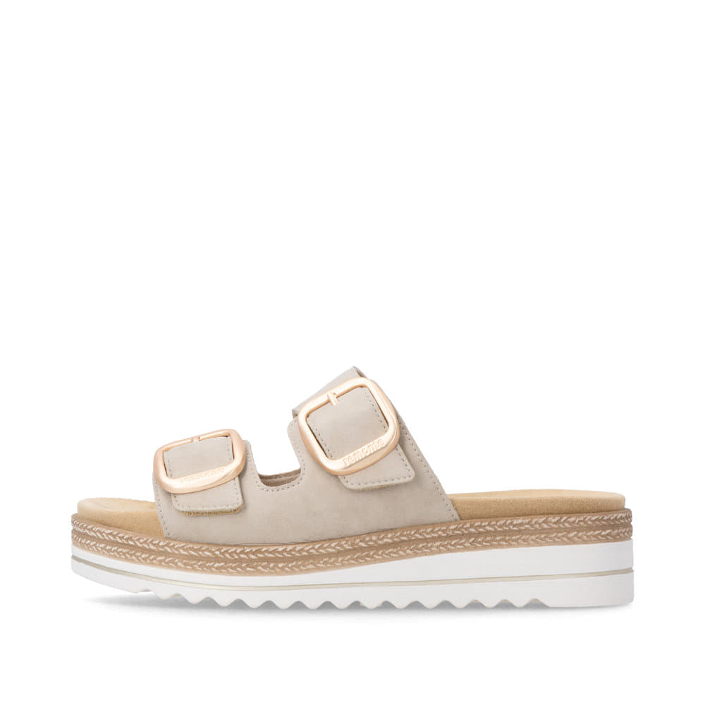Beige remonte Damen Pantoletten D0Q66-62 mit trendiger Schnalle. Schuh Außenseite.