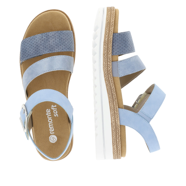 Blaue vegane remonte Riemchensandalen D0Q55-12 mit einem Klettverschluss. Schuh von oben, liegend.