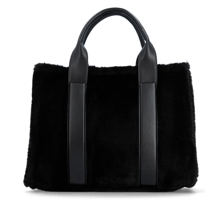 remonte Shopper Q0766-00 in Schwarz mit Reißverschluss, zusätzlichem Schulterriemen und fluffy Obermaterial. Rückseite.