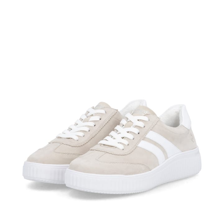 Beige remonte Damen Schnürschuhe D3E00-60 mit der Extraweite H. Schuhpaar seitlich schräg.