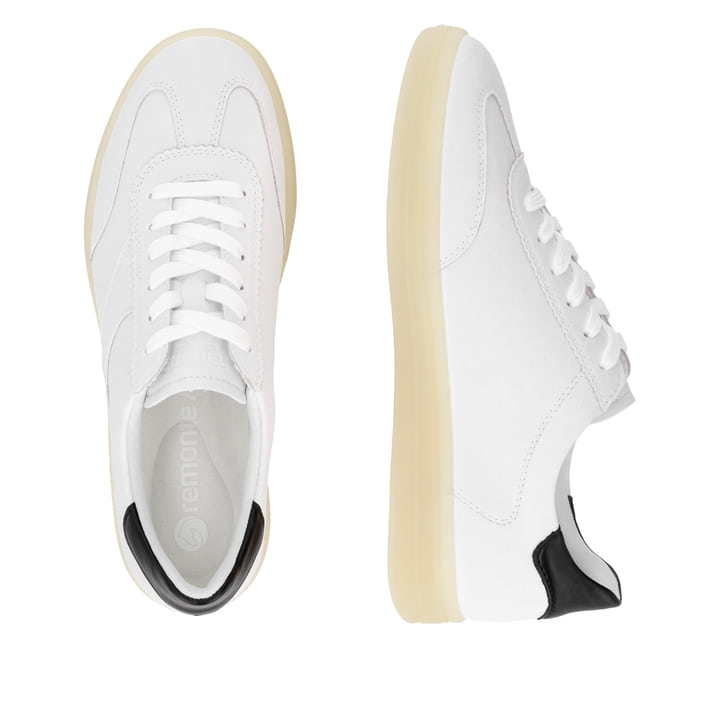 Weiße remonte Damen Sneaker Low D2C01-82 mit Schnürung sowie der Komfortweite G. Schuh von oben, liegend.