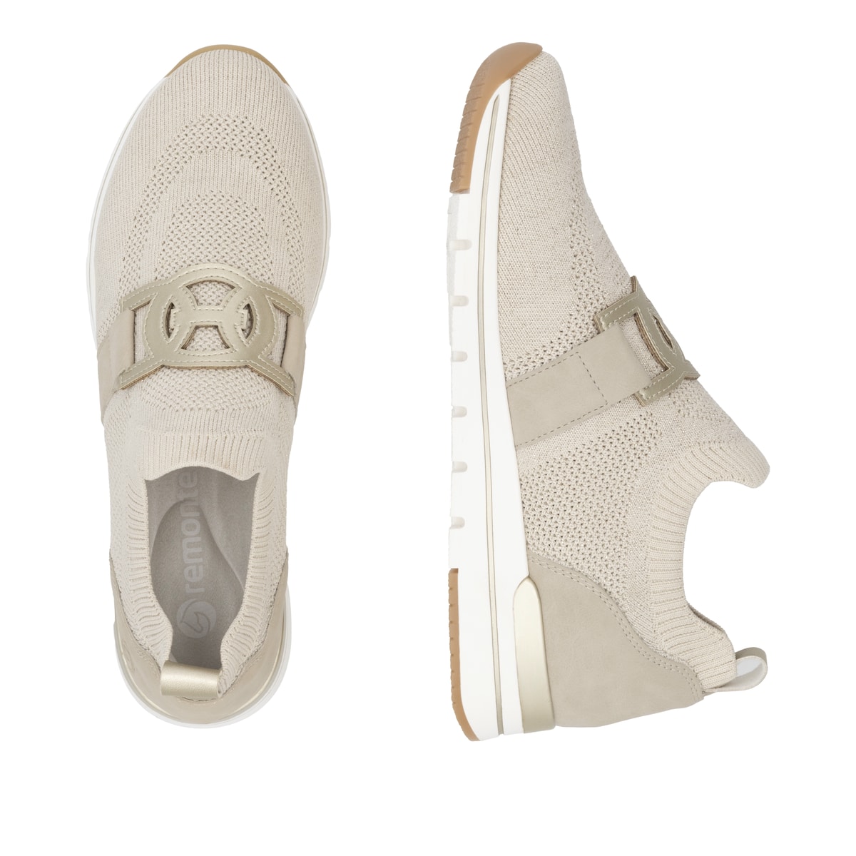 Beige remonte Damen Slipper R6713-60 mit einem Gummizug sowie der Komfortweite G. Schuh von oben, liegend.