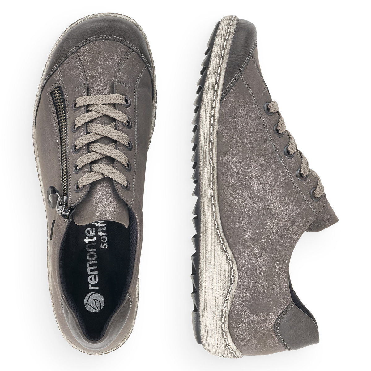 Graue remonte Damen Schnürschuhe R1402-44 mit wasserabweisender TEX-Membran. Schuh von oben, liegend.