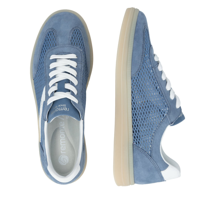 Baskets basses remonte bleues pour femme D2C08-14 avec lacets. Chaussure vue de dessus, couchée.