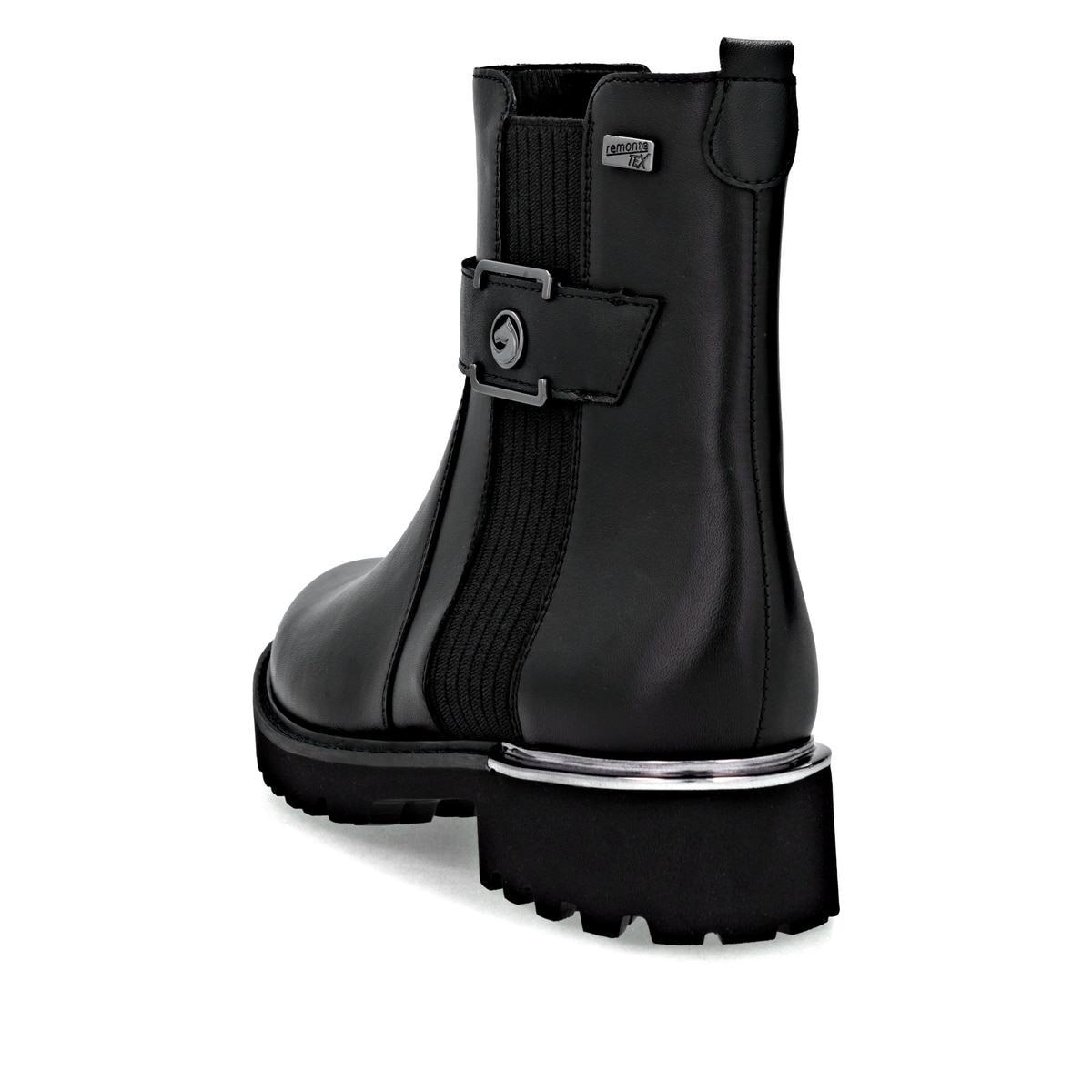 Schwarze remonte Chelsea Boots D8654-00 mit wasserabweisender remonteTEX-Membran. Schuh von hinten.