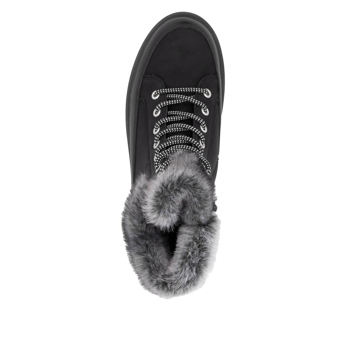 Nachtschwarze remonte Damen Schnürstiefel D0U78-03 mit Flip-Grip Sohle. Schuh von oben.