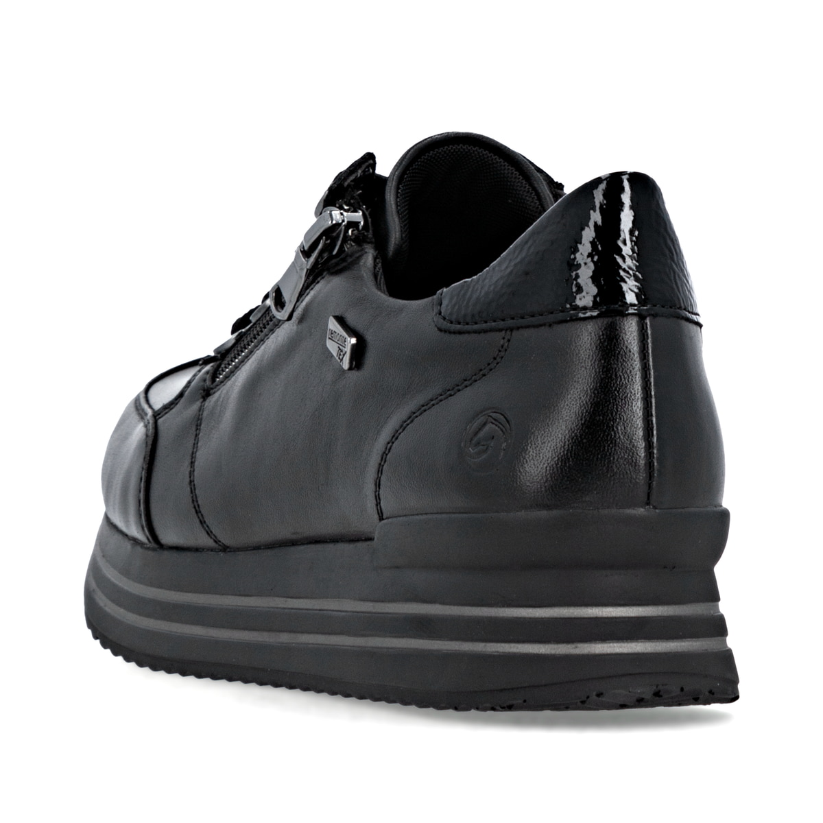 Schwarze remonte Damen Sneaker D1302-00 mit wasserabweisender remonteTEX-Membran. Schuh von hinten.