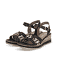 Schwarze remonte Keilsandaletten D6461-02 mit einem Klettverschluss. Schuhpaar seitlich schräg.