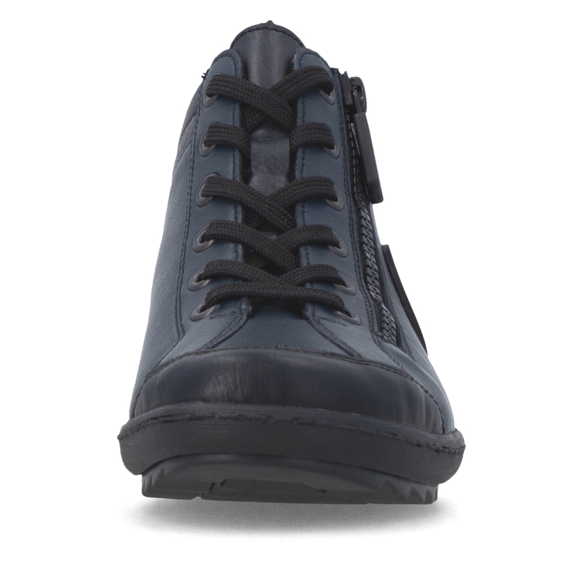 Dunkelblaue remonte Damen Schnürstiefel R1477-15 mit einem Reißverschluss. Schuh von vorne.