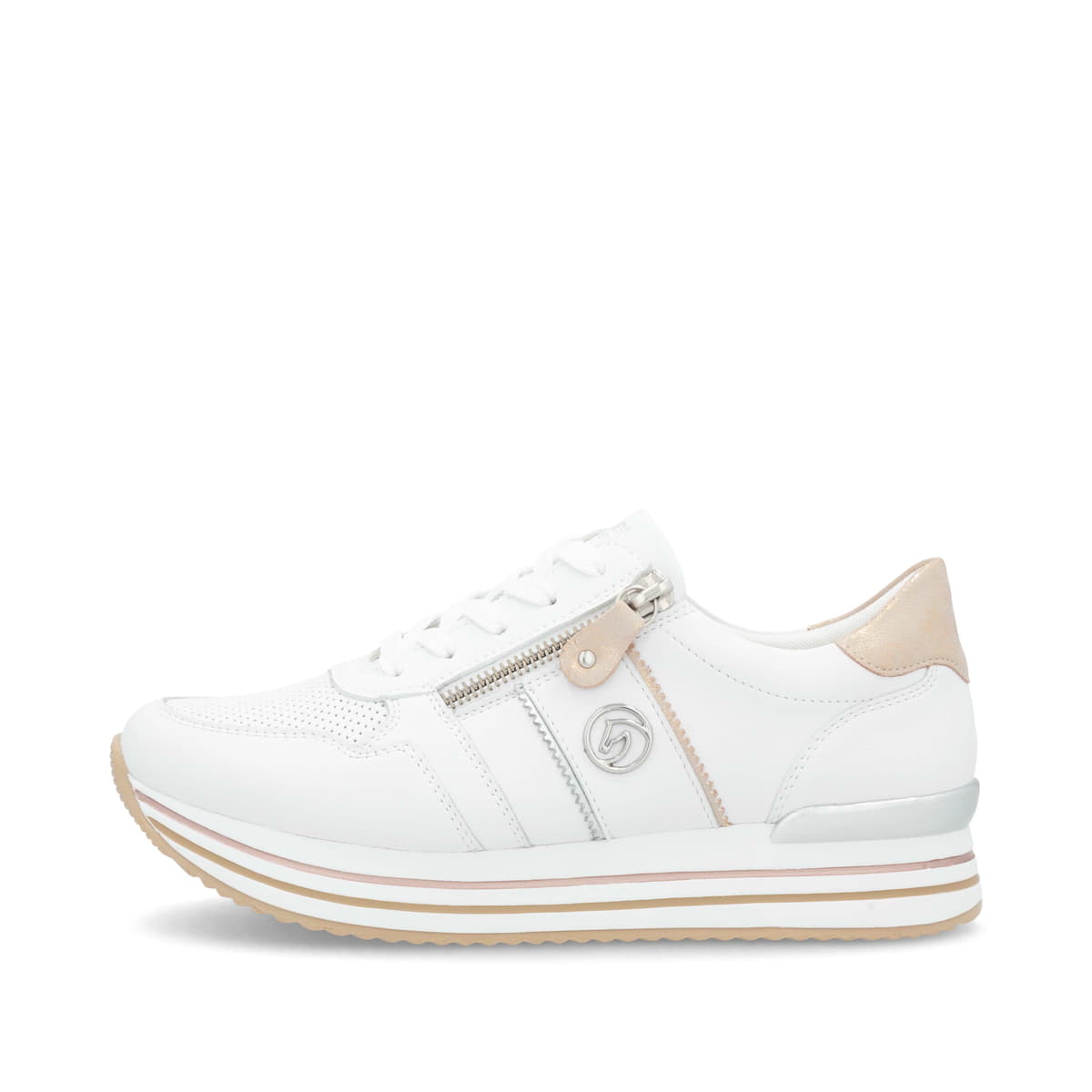 Weiße remonte Damen Sneaker Low D1327-81 mit Reißverschluss sowie Komfortweite G. Schuh Außenseite.