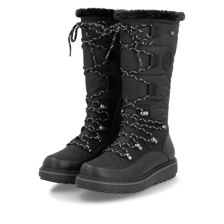 Nachtschwarze remonte Hochschaftstiefel D0U77-00 mit Flip-Grip Sohle. Schuhpaar seitlich schräg.
