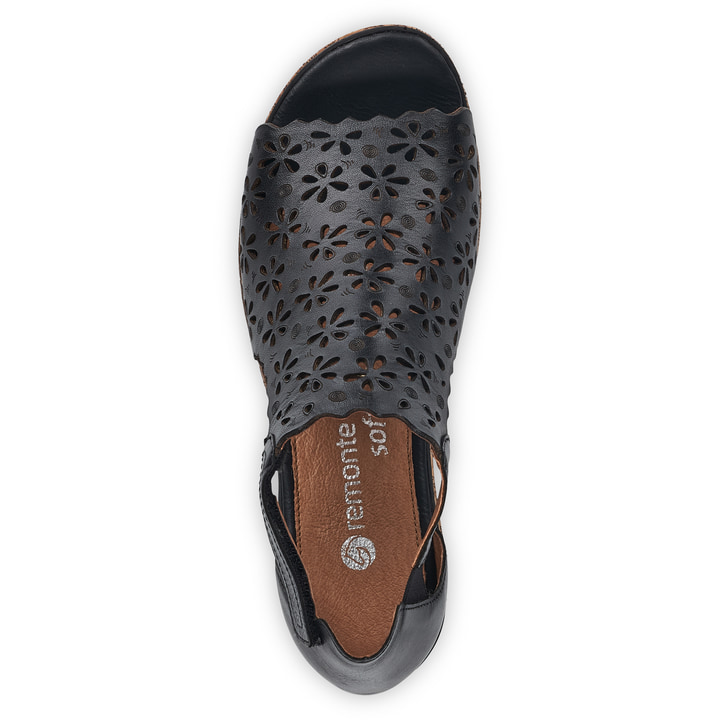 
Asphaltschwarze remonte Damen Keilsandaletten D3056-01 mit einer dämpfenden Sohle. Schuh von oben