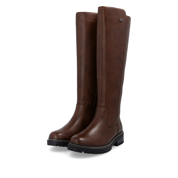 Karamellbraune remonte Damen Hochschaftstiefel D0B72-22 mit einer Profilsohle. Schuhpaar schräg.