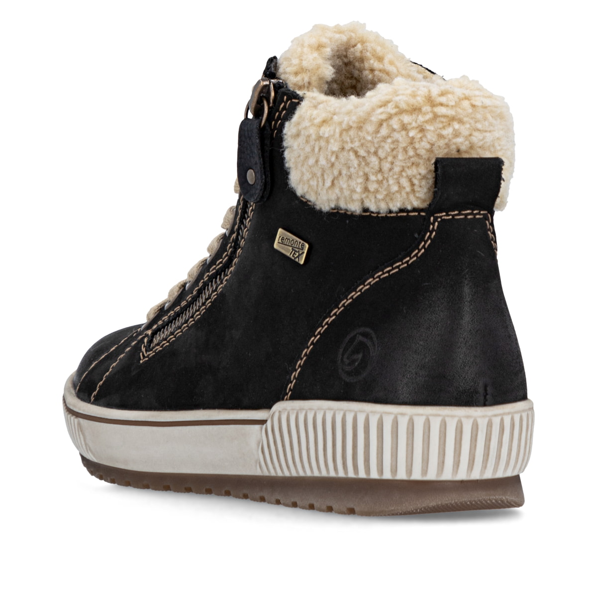 Schwarze remonte Damen Schnürstiefel D0770-03 mit wasserabweisender TEX-Membran. Schuh von hinten.