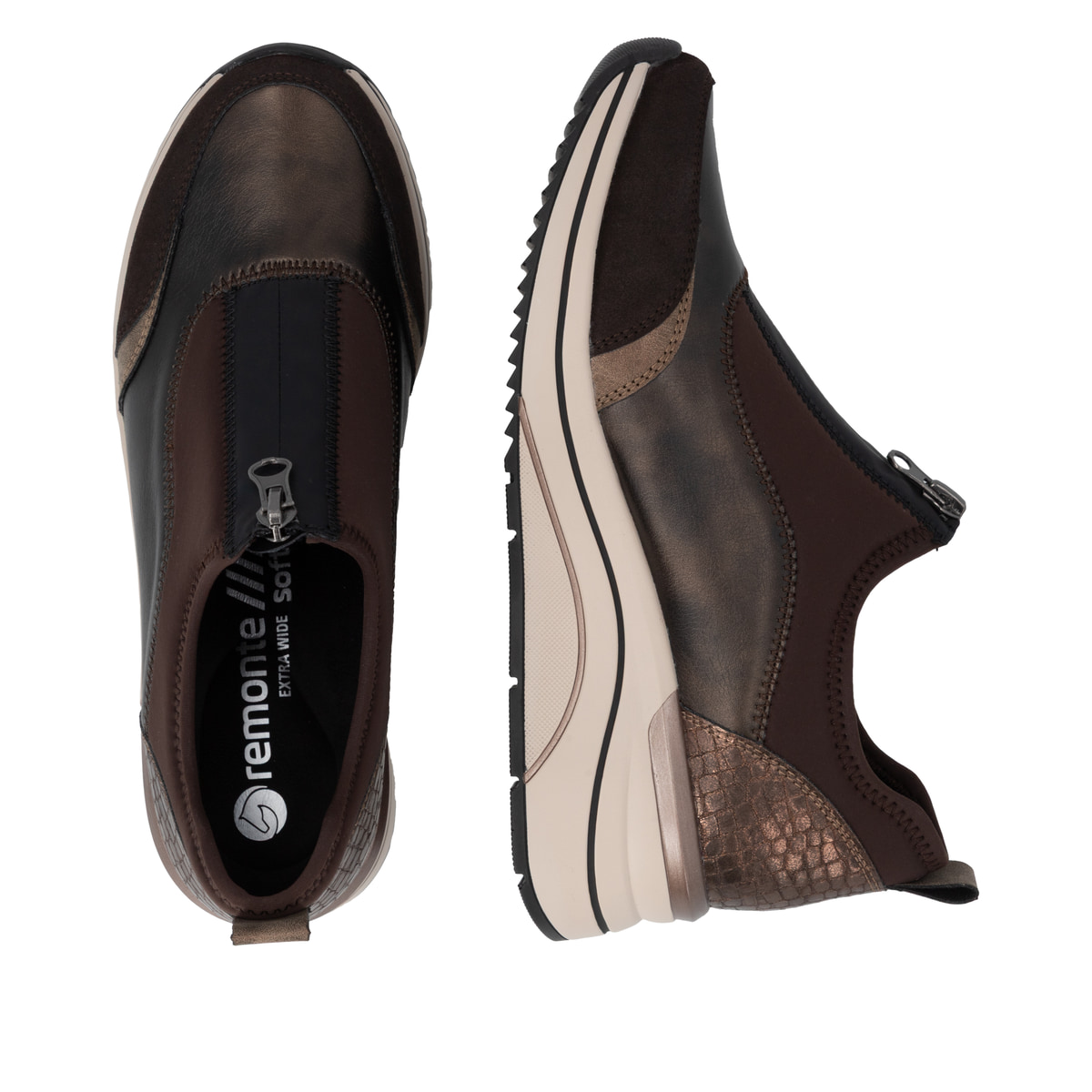 Mocassins remonte métalliques végan femmes D0T08-90 avec fermeture éclair. Chaussure vue de dessus, couchée.