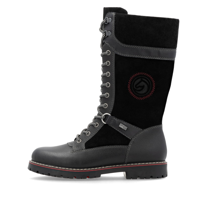 Tiefschwarze remonte Damen Schnürstiefel D9380-02 mit Flip-Grip Sohle. Schuh Außenseite.