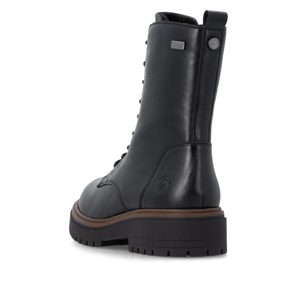 Schwarze remonte Damen Schnürstiefel D4B73-00 mit wasserabweisender TEX-Membran. Schuh von hinten.