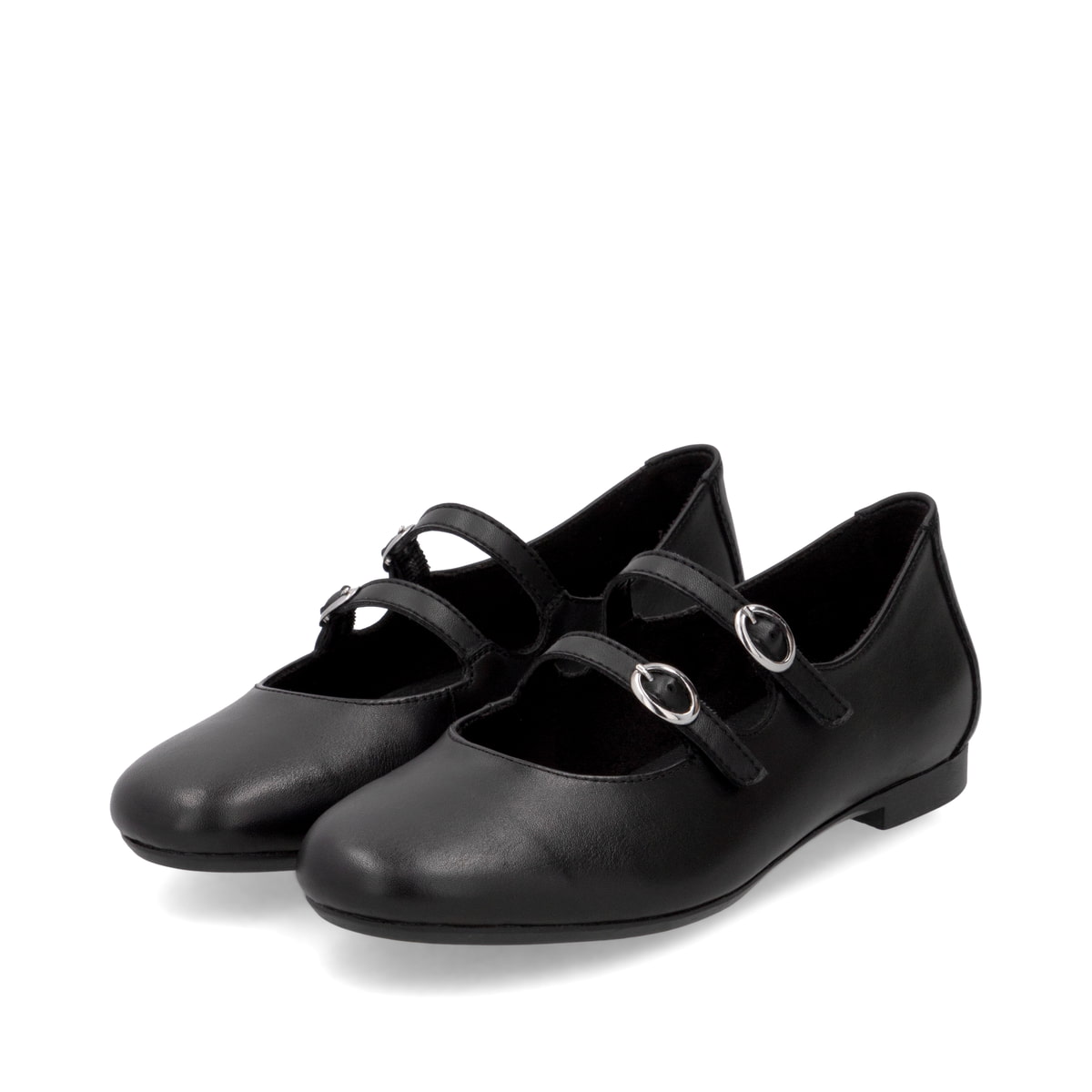 Schwarze remonte Damen Loafer D0K11-00 mit einer Schnalle. Schuhpaar seitlich schräg.