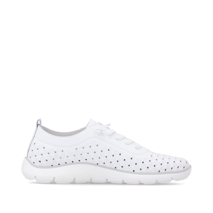 Weiße remonte Damen Slipper D3G03-80 mit eleganten Zierlochungen sowie Gummizug. Schuh Innenseite.