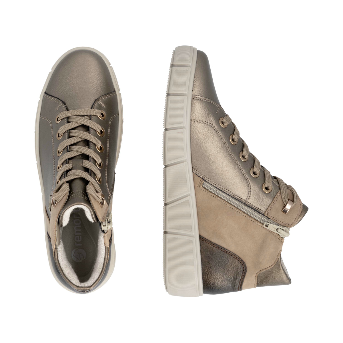 Metallische remonte Damen Kurzstiefel D1T77-90 mit wasserabweisender TEX-Membran. Schuh von oben, liegend.