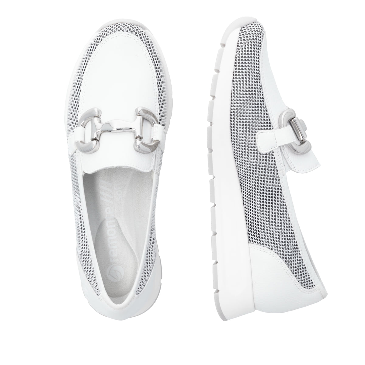 Weiße remonte Damen Loafer D2G02-80 mit einem Gummizug sowie der Komfortweite G. Schuh von oben, liegend.