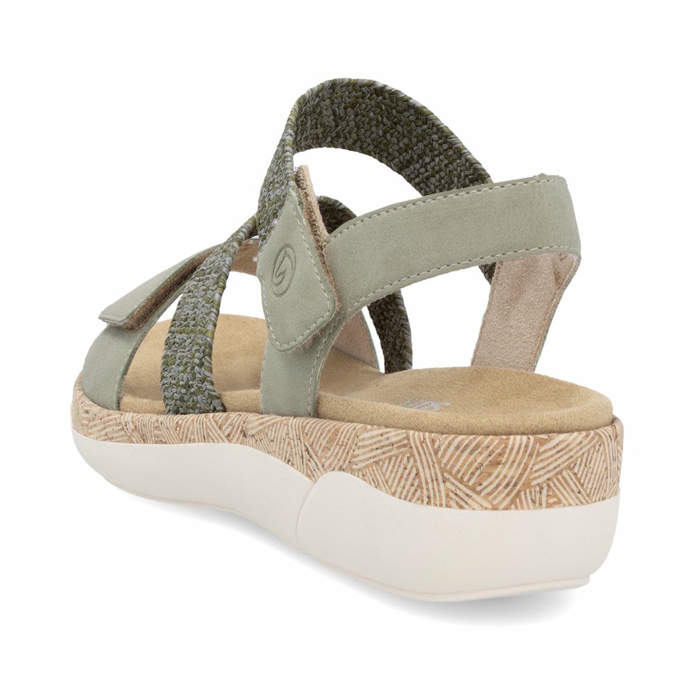 Grüne remonte Riemchensandalen R6861-52 mit einem Klettverschluss. Schuh von hinten.