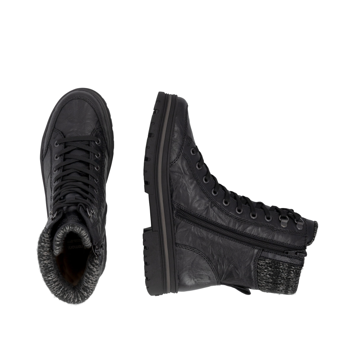Schwarze remonte Damen Schnürstiefel D2U70-03 mit wasserabweisender TEX-Membran. Schuh von oben, liegend.