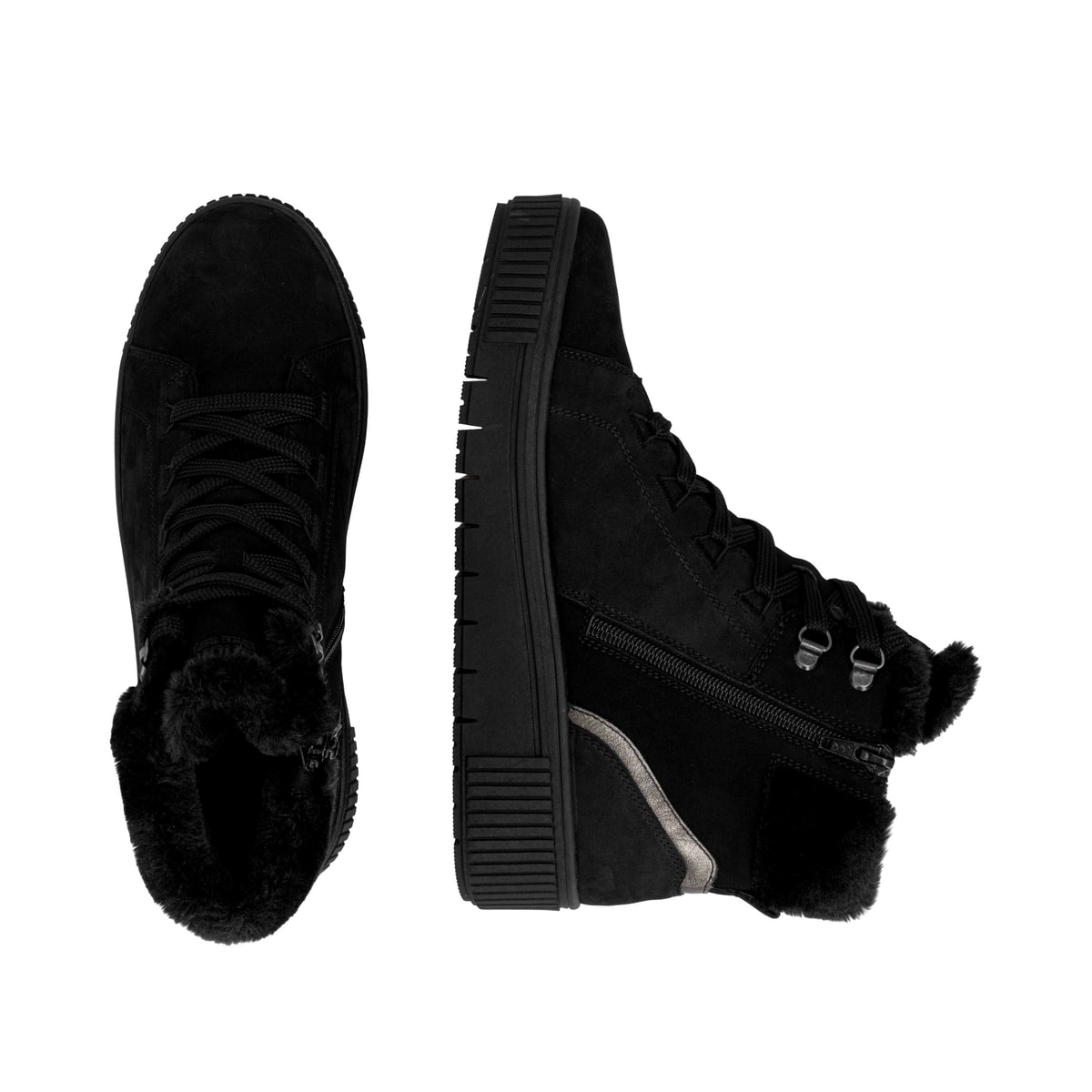 Schwarze remonte Damen Kurzstiefel D3B72-03 mit wasserabweisender TEX-Membran. Schuh von oben, liegend.