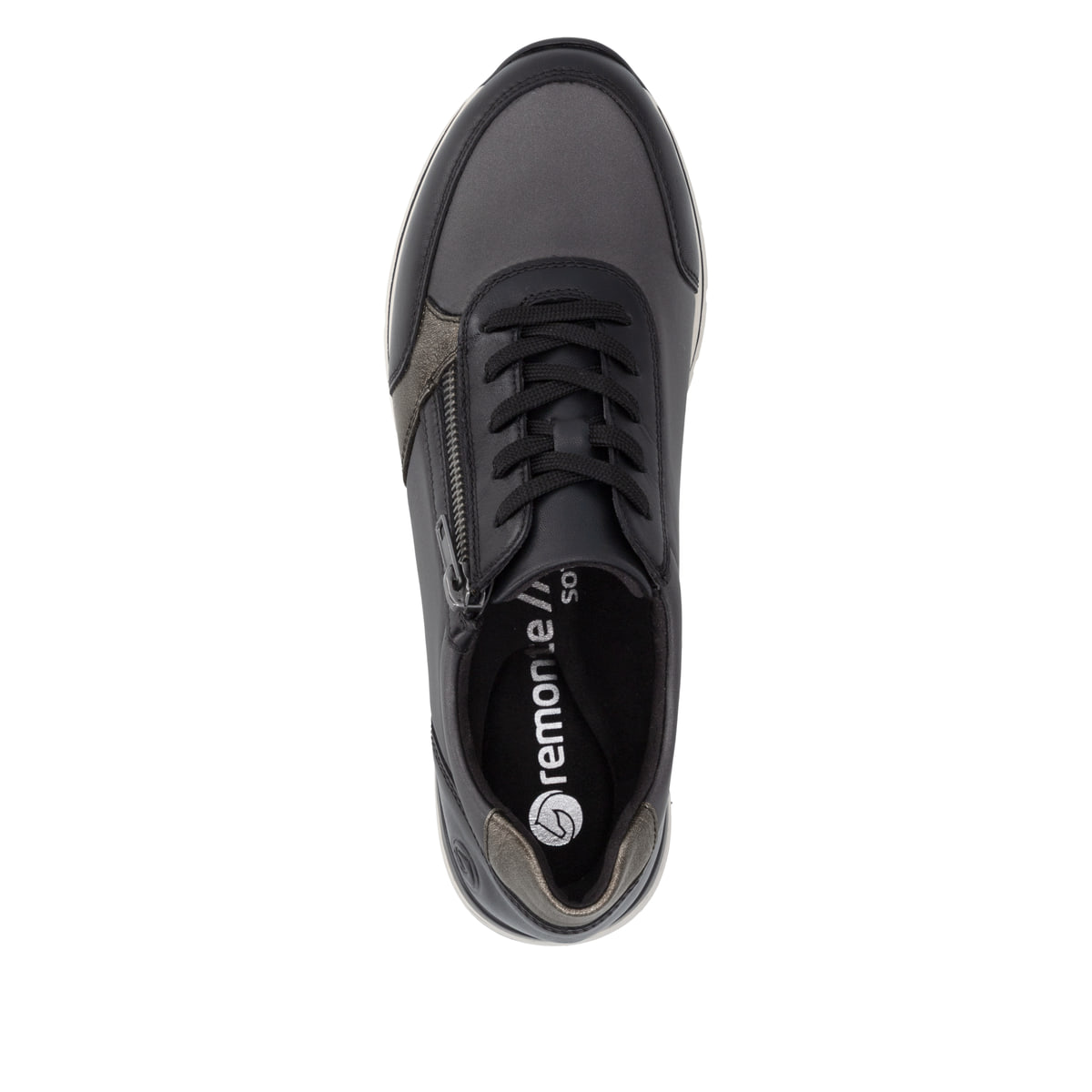 Baskets basses remonte noires pour femmes R6700-04 avec fermeture éclair. Chaussure vue de dessus.