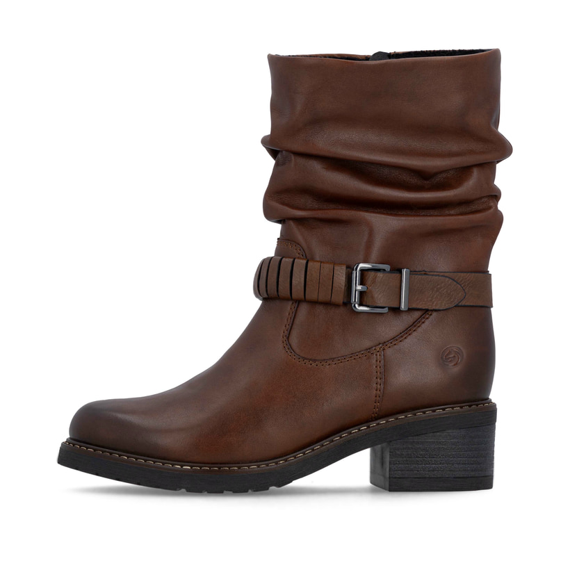 Braune remonte Hochschaftstiefel D1A81-23 mit einem Reißverschluss. Schuh Außenseite.