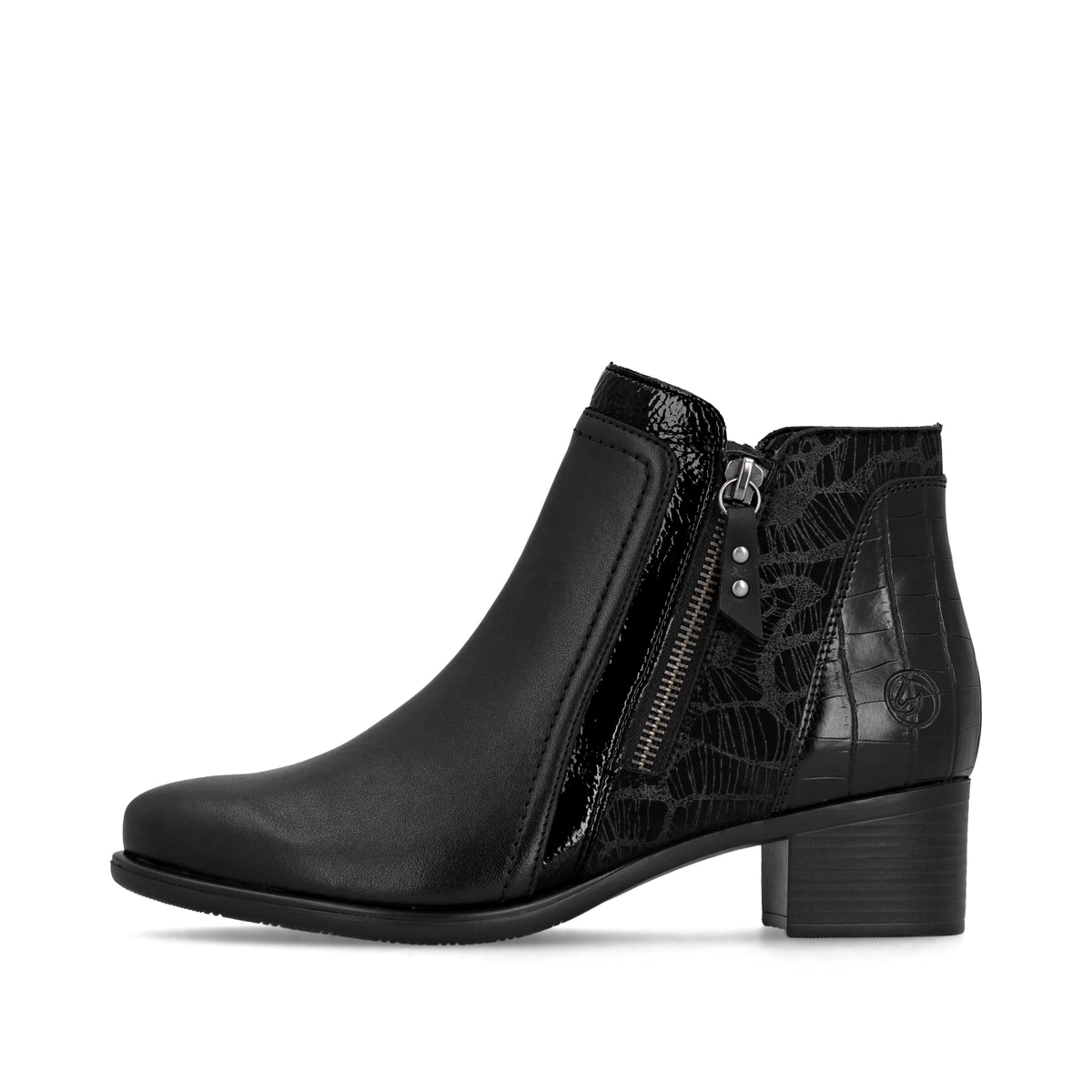 Schwarze remonte Damen Stiefeletten R5172-00 mit einem Reißverschluss. Schuh Außenseite.