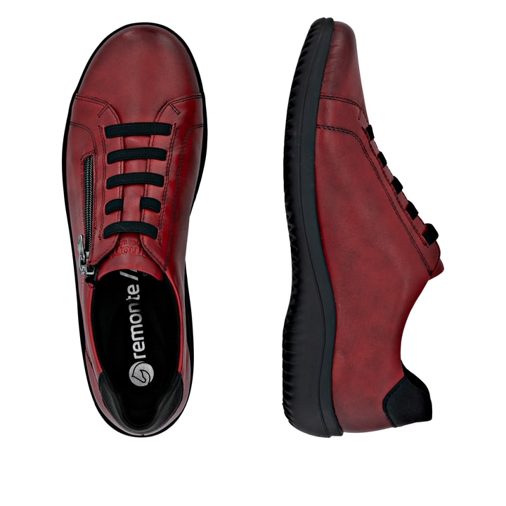 Rote remonte Damen Sneaker D1E09-35 mit Reißverschluss sowie der Komfortweite G. Schuh von oben, liegend.