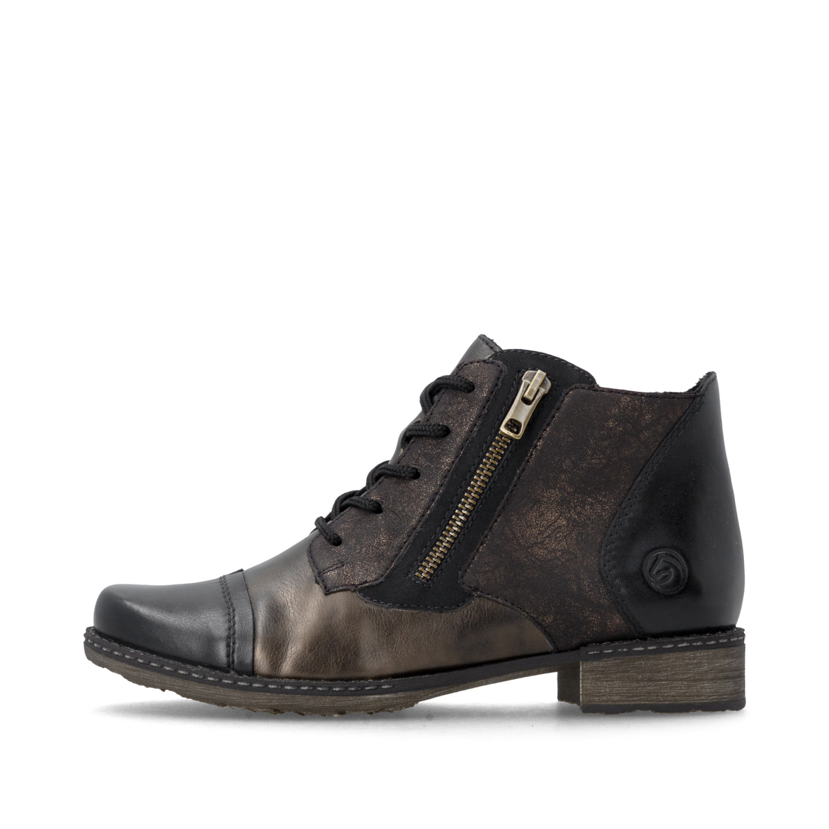 Bronze-dunkelbraune remonte Damen Schnürstiefel D4378-91 mit auffälligem Muster. Schuh Außenseite.