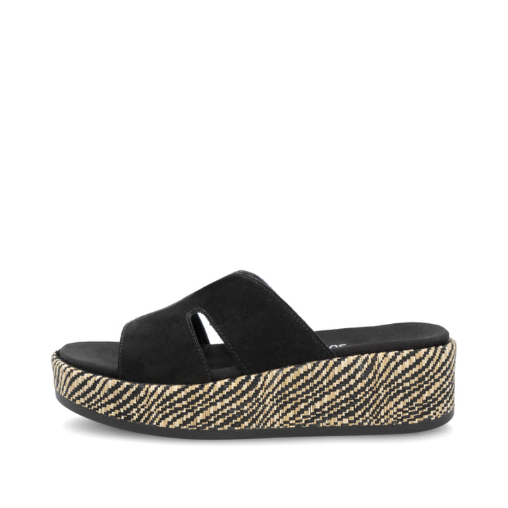 Schwarze remonte Damen Pantoletten D1N55-02 mit einem Gummizug. Schuh Außenseite.