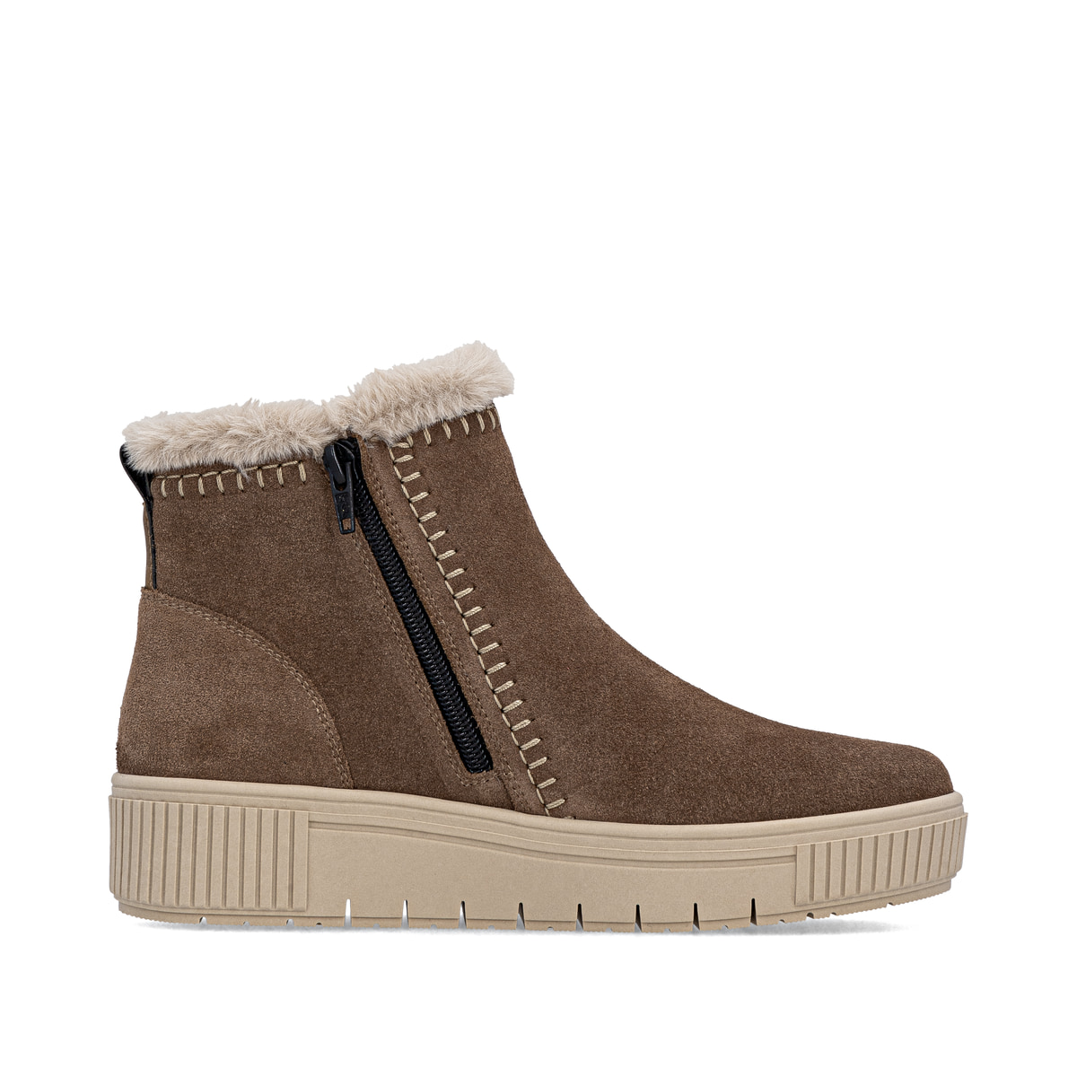 Braun-beige remonte Damen Kurzstiefel D3B70-20 mit modernen Ziernähten. Schuh Innenseite.