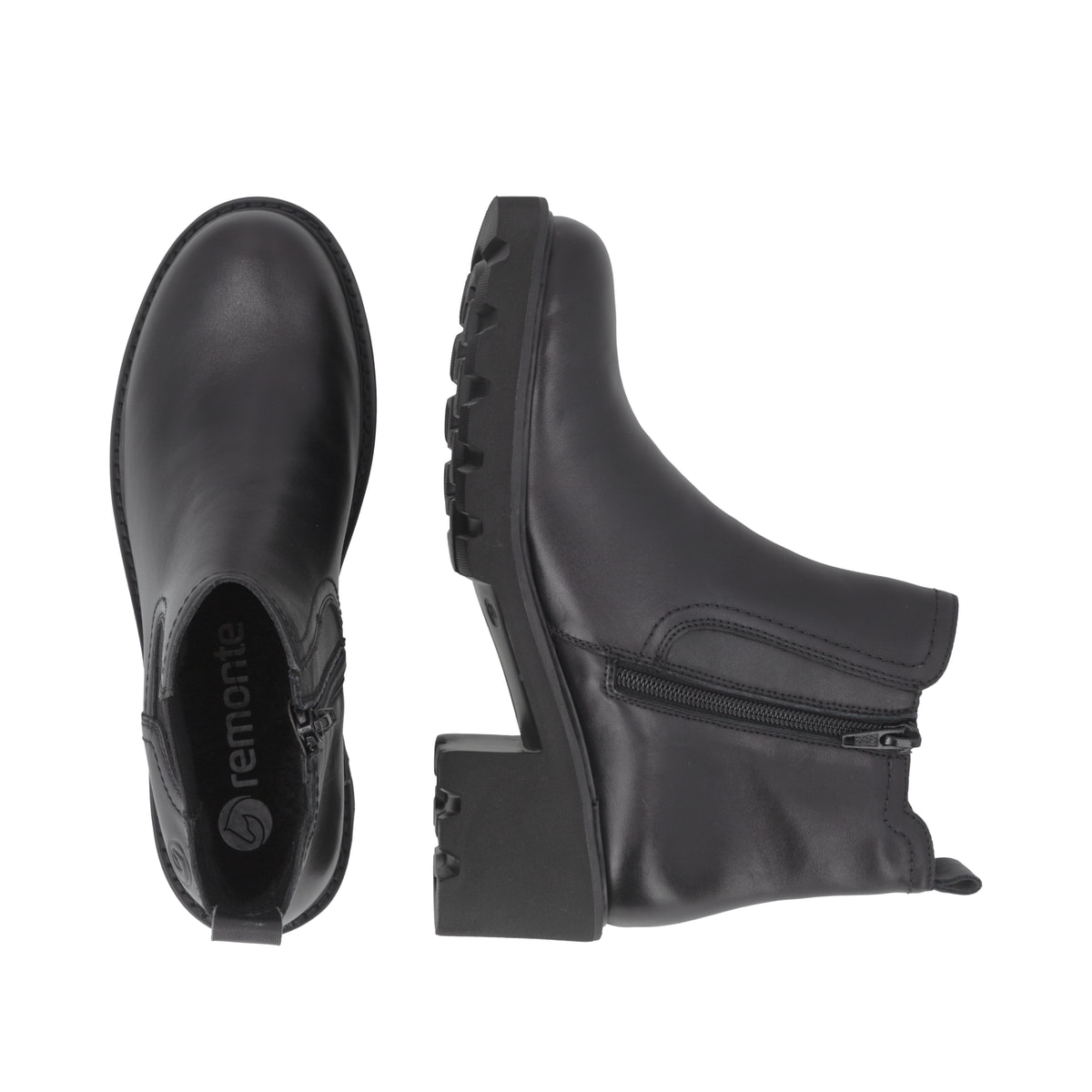 Schwarze remonte Chelsea Boots D0A70-00 mit Reißverschluss sowie Komfortweite G. Schuh von oben, liegend.