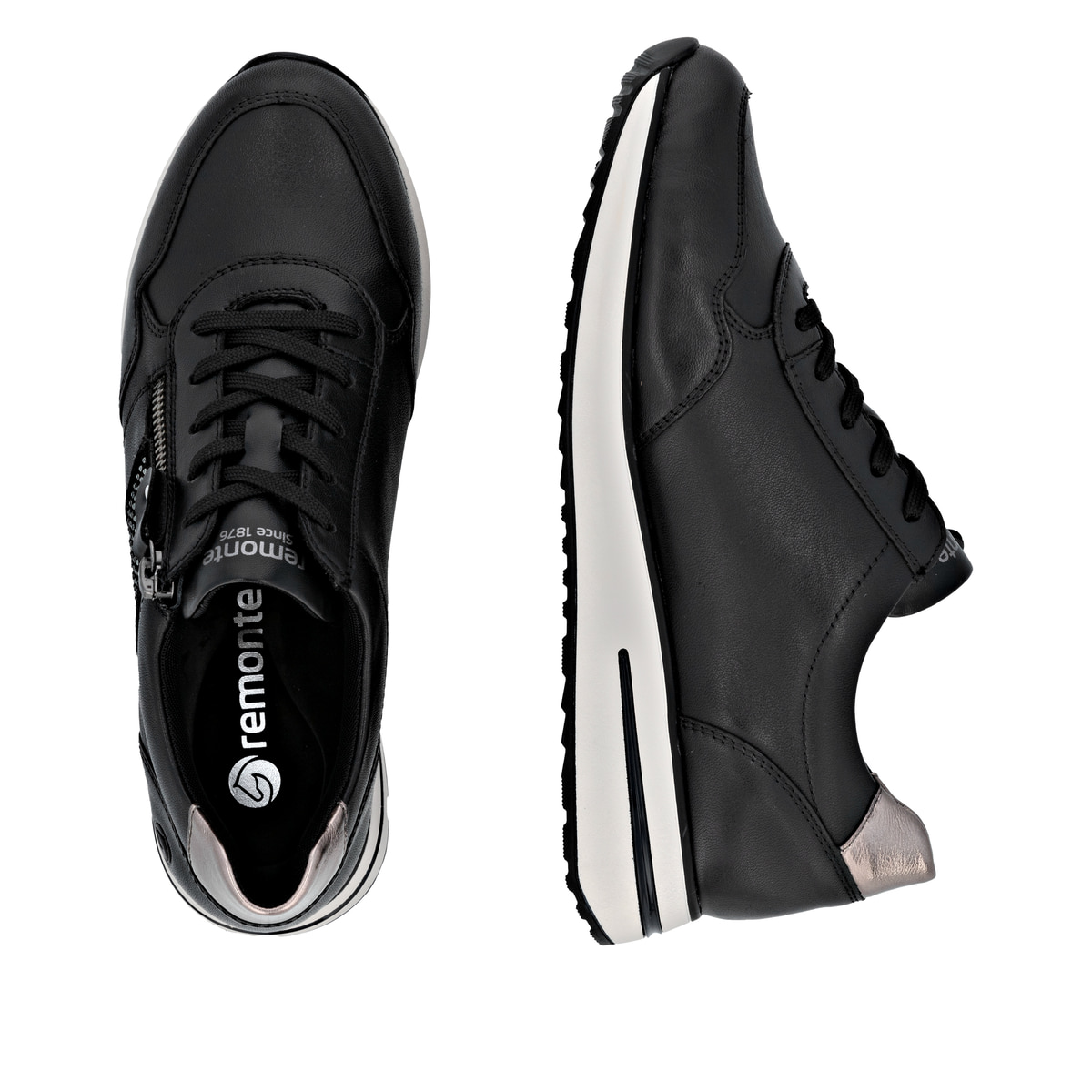 Schwarze remonte Damen Sneaker D1G13-03 mit Strasssteinen sowie Reißverschluss. Schuh von oben, liegend.