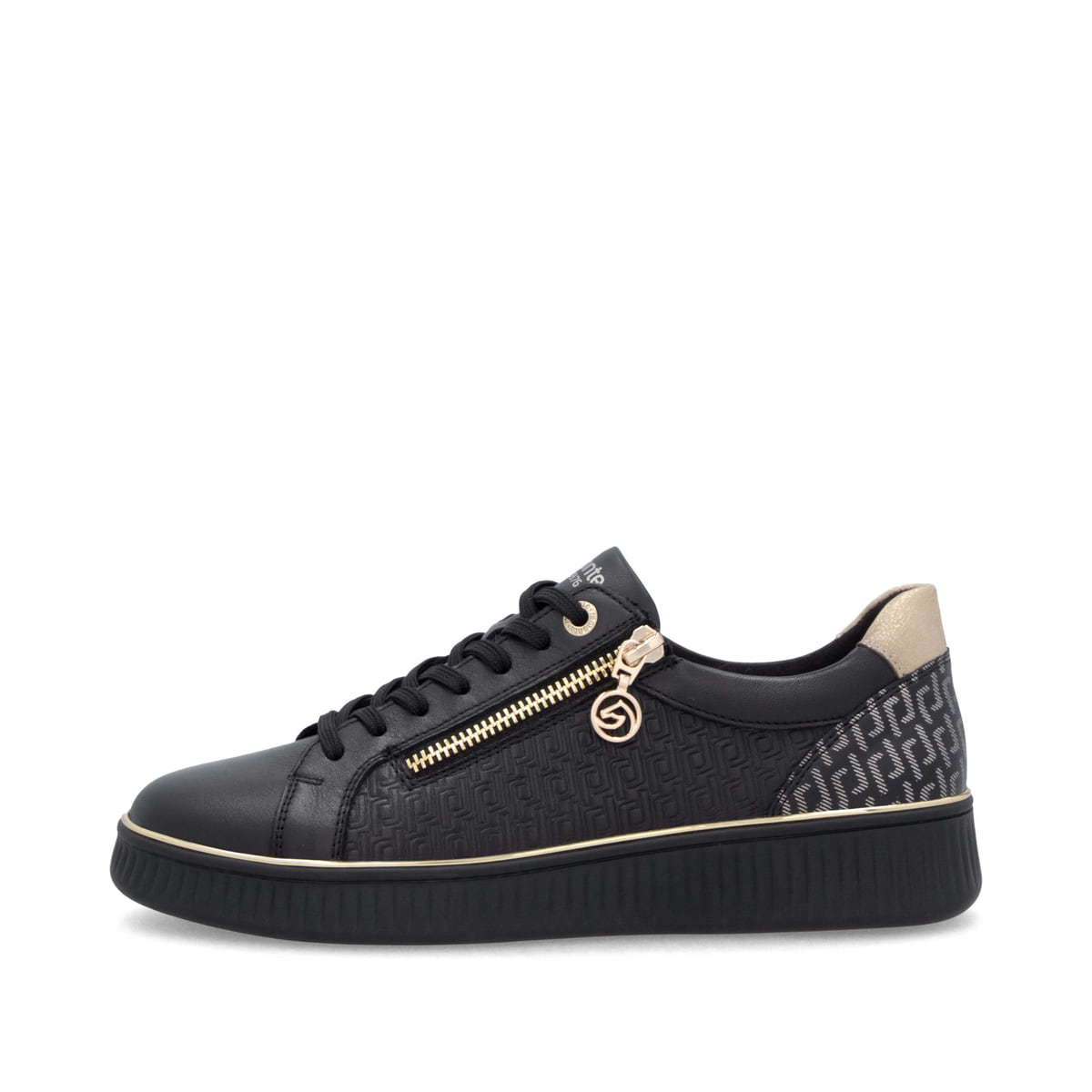 Baskets basses remonte noires pour femme D2E00-03 avec fermeture éclair. Côté extérieur de la chaussure.
