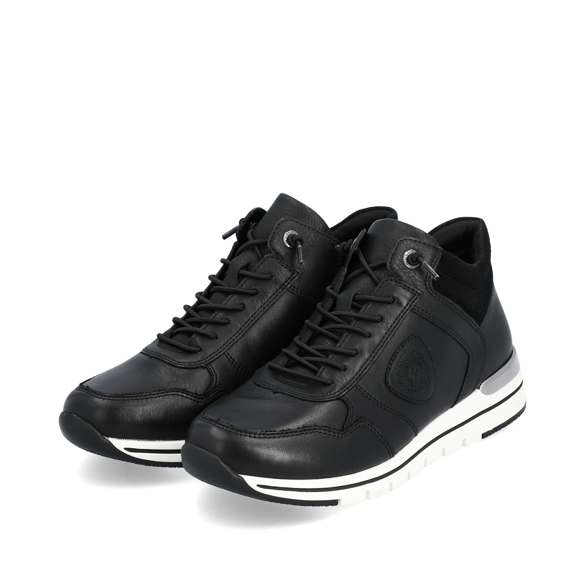 
Nachtschwarze remonte Damen Sneaker R6771-01 mit Schnürung und Reißverschluss. Schuhpaar schräg.