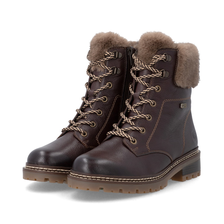 Dunkelbraune remonte Damen Schnürstiefel D0B74-25. Schuhpaar seitlich schräg.