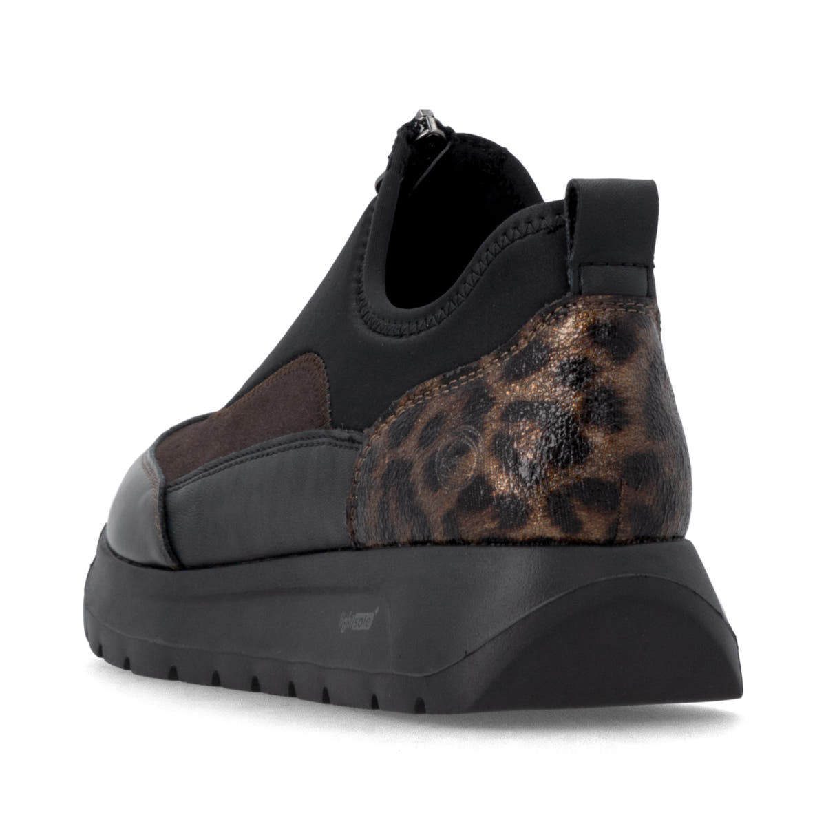Vegane, schwarz-bronzene remonte Damen Slipper D2V01-05 mit der lightsole+. Schuh von hinten.