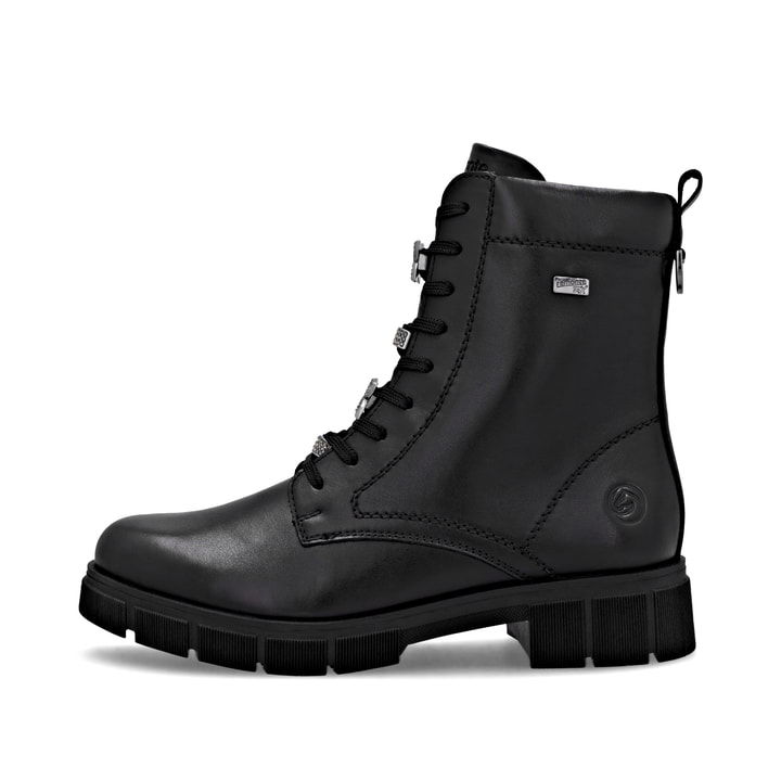 Schwarze remonte Damen Schnürstiefel D2S73-00 mit wasserabweisender TEX-Membran. Schuh Außenseite.